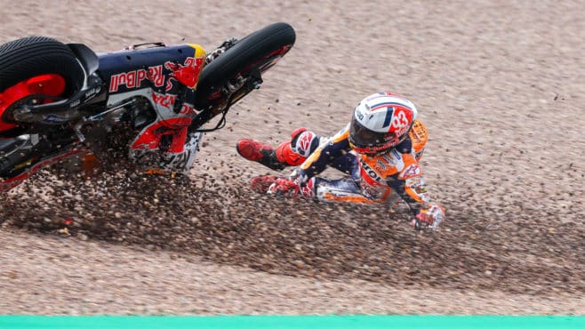 Márquez is riding a MotoGP bike against two-wheel F1 cars